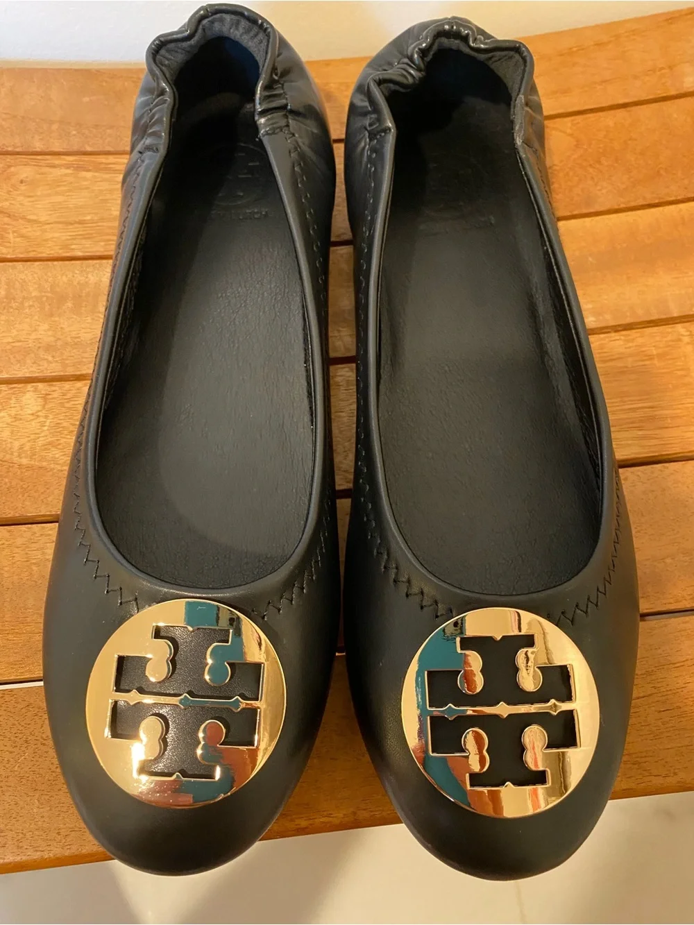 Tory Burch Black Leather Reva Flats with Gold Logo Medallion